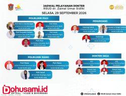 Jadwal Pelayanan Dokter dan Dokter Jaga RSUD dr. Zainal Umar Sidiki Hari Selasa, 29 September 2026